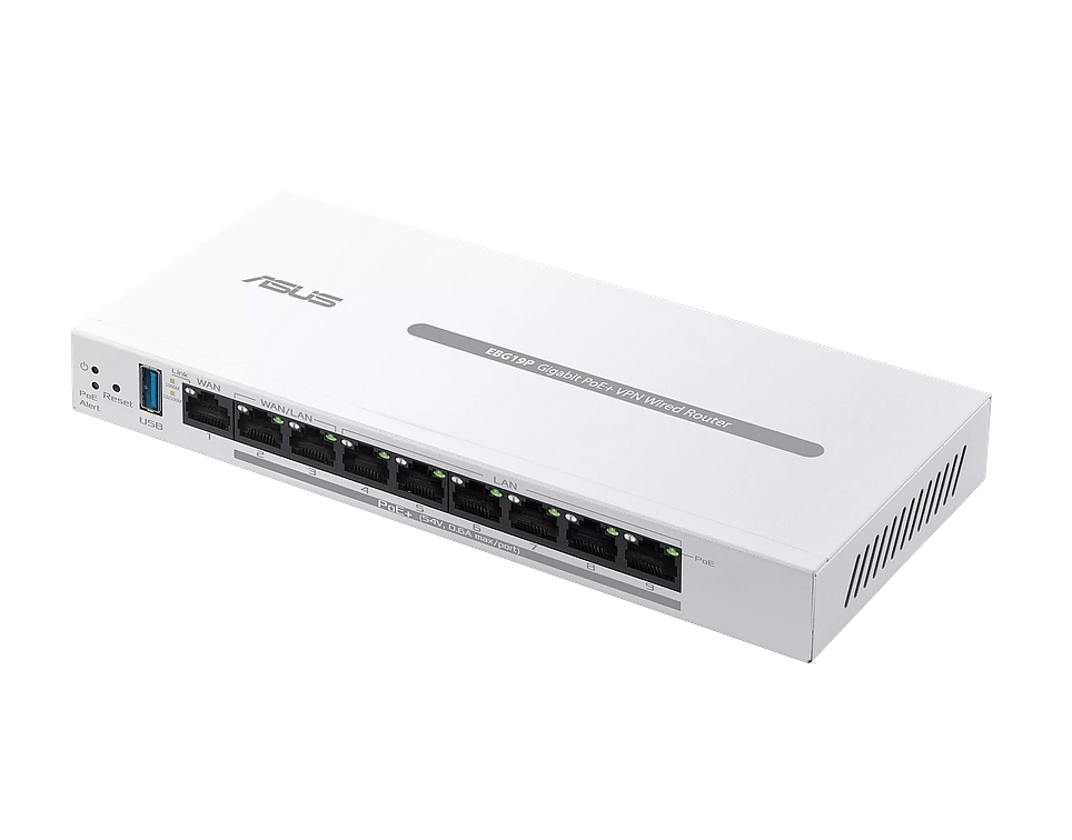 Asus Business Gigabit PoE+ VPN Wired Router, ExpertWiFi EBG19P, 8 PoE+ ports, 123W, 1 gigabit WAN+2 gigabit WAN/LAN, USB 3.2, PoE centralized control, SDN, guest portal, Multi-WAN, Commercial-Grade Network Security & VPN, wall mounting,White