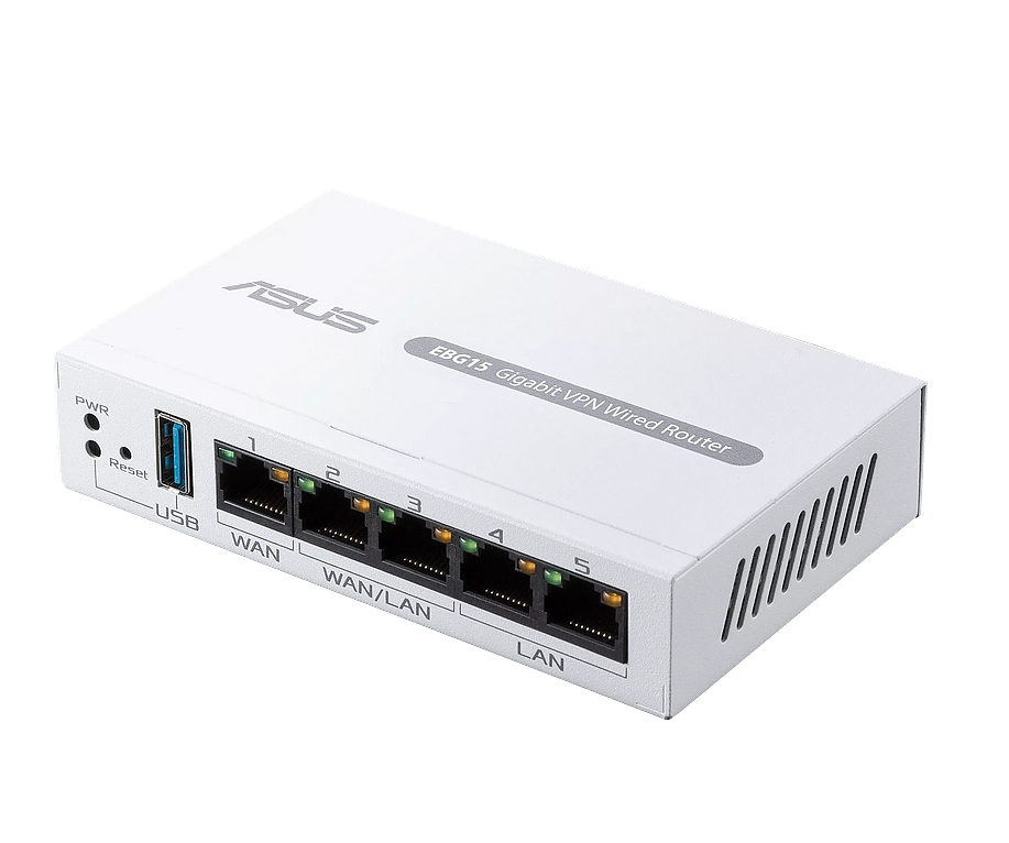 Asus Business Gigabit VPN wired router, ExpertWiFi EBG15, 1 gigabit WAN+2 gigabit WAN/LAN, USB port backups, Bluetooth® 3.0, SDN, customized guest portal, Commercial-Grade Network Security & VPN, wall mounting, White