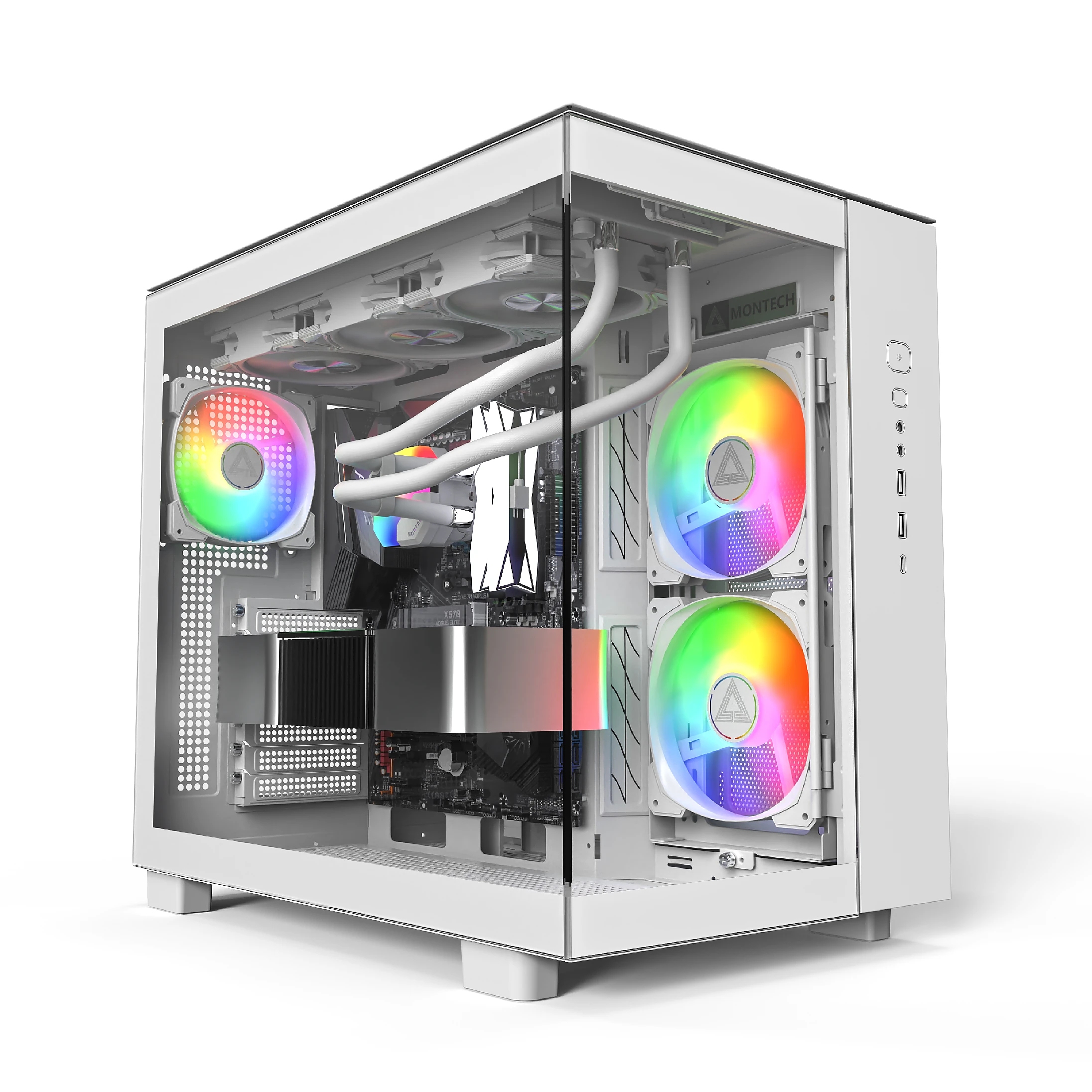 Montech кутия KING 65 Pro, Dual Chamber Mid-tower Case, 3 ARGB Fans, White