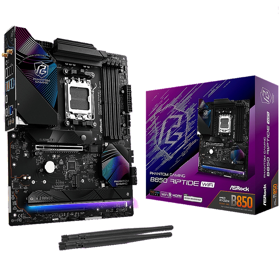 ASROCK MB Desktop B850 RIPTIDE Wi-Fi, AM5, 4x DDR5, 1x PCIe 5.0 x16, 1x Blazing M.2(PCIe Gen5x4), 3x Hyper M.2, 4x SATA3, RAID 0, 1, 10, 7.1 CH HD Audio, 1x HDMI, 9x USB 3.2, 8x USB 2.0, 3x USB-C, 2.5G LAN, 2x Wi-Fi 7, 1x HDMI, 1x SPDIF, ATX