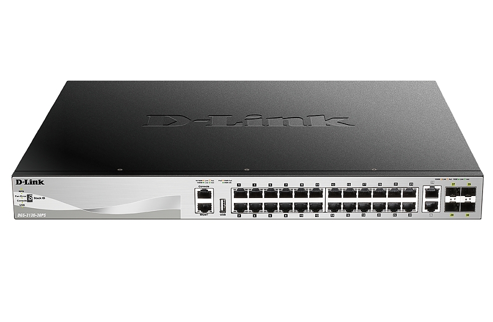 D-Link 24x10/100/1000Base-T PoE ports (370W budget) Layer 3 Stackable Managed Gigabit Switch with 2x10GBASE-T ports and 4xSFP+ ports
