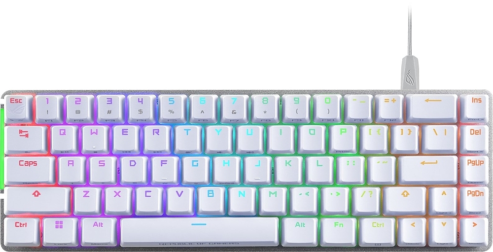 Asus ROG Falchion Ace 65% compact gaming keyboard with pre-lubed ROG NX mechanical switches with ROG switch stabilizer, sound-dampening foam, interactive touch panel, dual Type-C ports, three keyboard tilt angles, and cover case, US layout, White