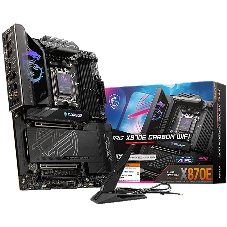 MSI MPG X870E CARBON WIFI, ATX, Socket AM5, 4x DDR5 Dual Channel DDR5 up to 8400(OC)MHz, 3x PCIe 3.0 x16 slot, 4x M.2 slot, 9x USB 10Gbps, 2x 10Gbps Type-C, 2x 40Gbps Type-C, HDMI, 7.1 HD Audio, 2.5+5G LAN, WiFI 7, BT, 3Y