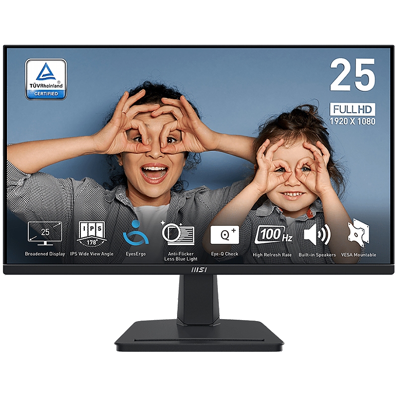 MSI PRO MP251 Professional Business Monitor, 24.5" 100Hz, FHD (1920x1080) 16:9, IPS Anti-glare, 1ms/4ms, 300nits, 1300:1, 178/178, Adaptive-Sync, Tilt, Speakers, 1x D-Sub(VGA), 1x HDMI, 3Y Warranty