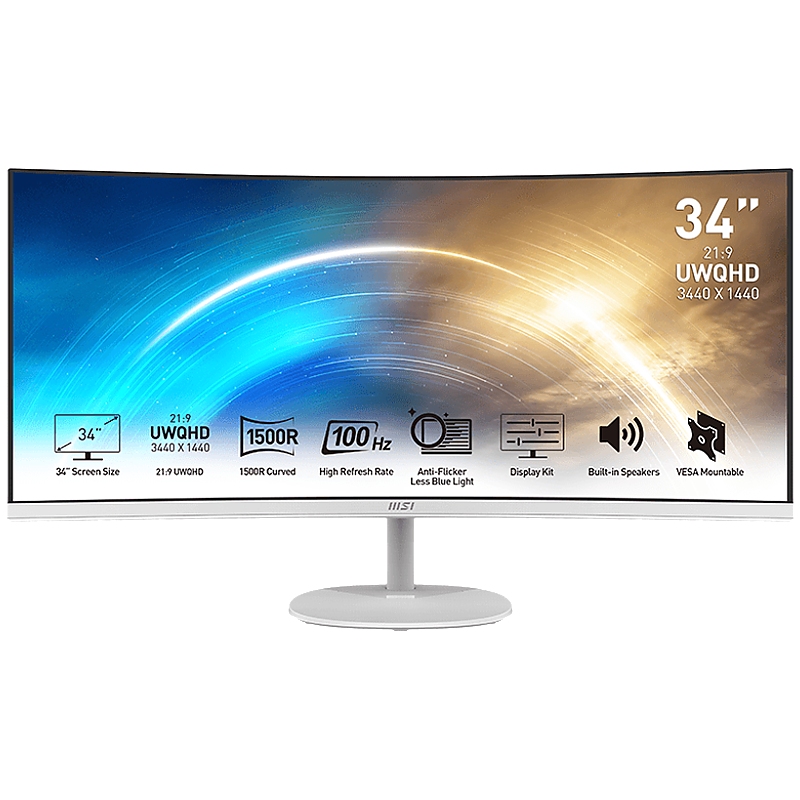 MSI PRO MP341CQW Professional Business Monitor, 34", 100Hz, UWQHD (3440x1440) 21:9, VA Anti-glare, 1ms/4ms, 3000:1, 178/178, 1500R Curve, FreeSync, 2x HDMI, 1x DP, Tilt, Speakers, White, 3Y Warranty