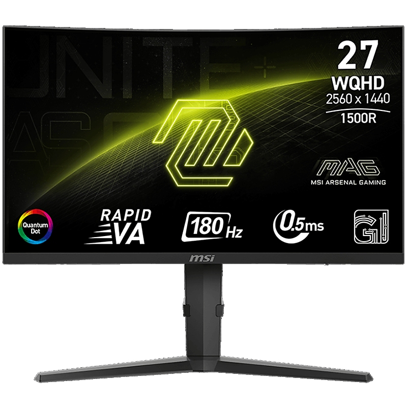 MSI MAG 275CQRF QD E2 Gaming Monitor, 27" 180Hz, WQHD (2560x1440) 16:9, Rapid VA, Anti-glare, Quantum Dot, 0.5ms, 300nits, 5000:1, 178/178, 1500R Curve, AMD FreeSync, HDR Ready, Adjustable Stand, 1x DP, 2x HDMI, 1x Type-C, USB Hub, 3Y Warranty