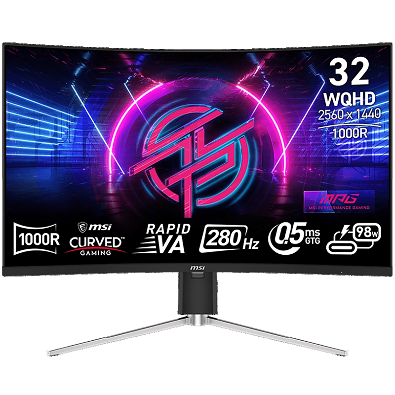 MSI MPG 325CQRXF Gaming Monitor, 31.5" 280Hz, WQHD (2560x1440) 16:9, Rapid VA, Anti-glare, 0.5ms, 350nits, 3200:1, 178/178, 1000R Curve, Adaptive Sync, DisplayHDR 400, Adjustable Stand, 1x DP, 1x HDMI, 1x Type-C 98W, USB Hub, 3Y Warranty