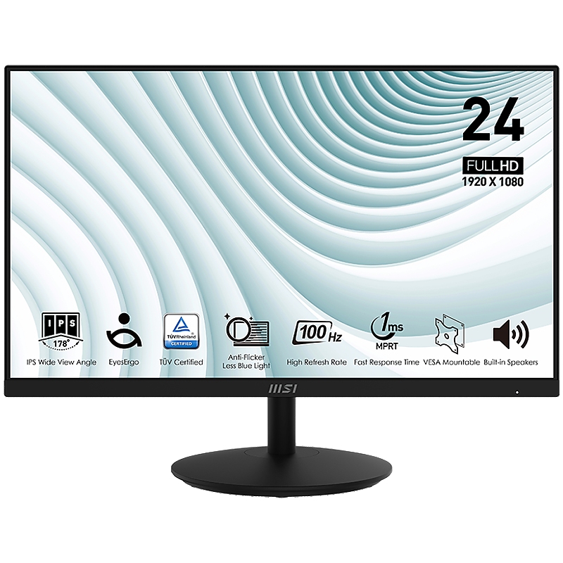 MSI PRO MP242A Professional Business Monitor, 23.8" 100Hz, FHD (1920x1080) 16:9, IPS Anti-glare, 1ms/4ms, 300nits, 1000:1, 178/178, Adaptive-Sync, Tilt, 1x D-Sub(VGA), 1x HDMI, 1x DP, Speakers, 3Y Warranty