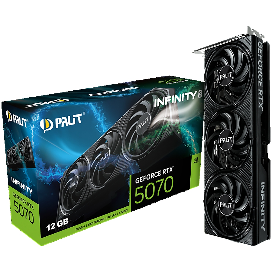 PALIT GeForce RTX 5070 Infinity 3 12GB GDDR7 192 bit, 1x HDMI 2.1b, 3x DP 2.1b, 3 Fan, 1x 16-pin pwr connector, 650W, board size 291.9 x 116.6 x 41.3 mm, NE75070019K9-GB2050S