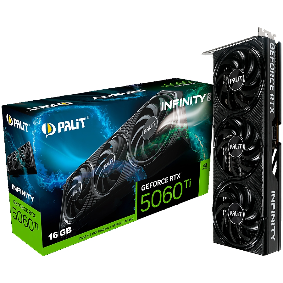 PALIT GeForce RTX 5060 Ti Infinity 3 16GB GDDR7 128 bit, 1x HDMI 2.1b, 3x DP 2.1b, 3 Fan, 1x 8-pin pwr connector, 600W, 291.9 x 116.6 x 41.3 mm, NE7506T019T1-GB2061S