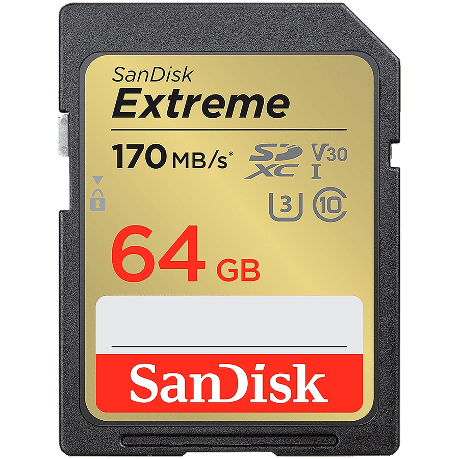 SanDisk Extreme 64GB SDXC Memory Card + 1 year RescuePRO Deluxe up to 170MB/s & 80MB/s Read/Write speeds, UHS-I, Class 10, U3, V30