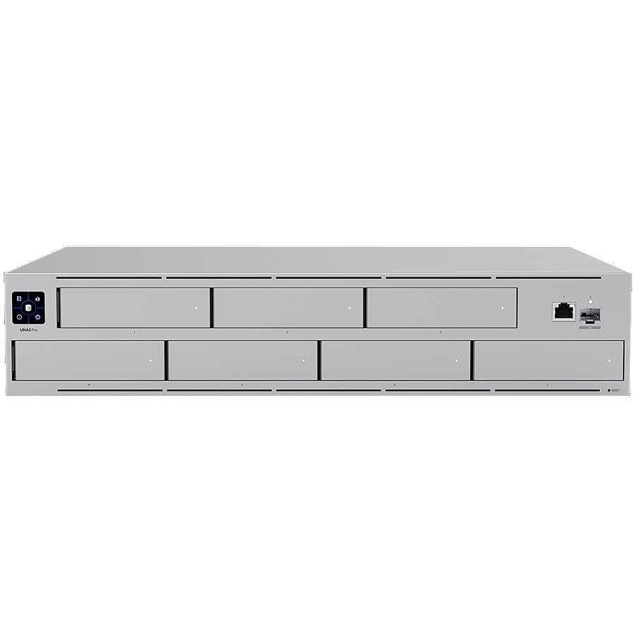 Ubiquiti UNAS-Pro-EU 2U rack-mount NAS with (7) 2.5/3.5" drive bays and 10 Gbps performance designed for large-scale file storage and sharing, (7) 2.5/3.5" HDD / SSD support, 10G SFP+ uplink and (1) GbE RJ45 port