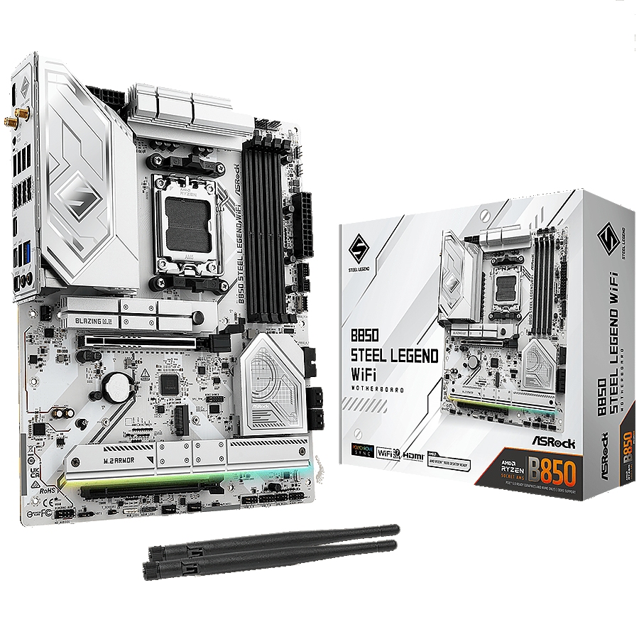 ASROCK MB Desktop B850 STEEL LEGEND WIFI, AM5, 4x DDR5, 1x PCIe 5.0 x16, 1x Blazing M.2(PCIe Gen5x4), 3x Hyper M.2, 4x SATA3, RAID 0, 1, 10, 7.1 CH HD Audio, 1x HDMI, 9x USB 3.2, 8x USB 2.0, 3x USB-C, 2.5G LAN, 2x Wi-Fi 7, 1x HDMI, 1x SPDIF, ATX