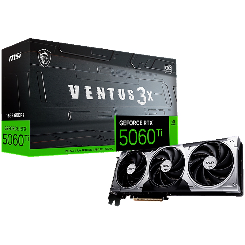 MSI Video Card NVIDIA GeForce RTX 5060 Ti 16G VENTUS 3X OC, 16GB GDDR7, 128-bit, 2617 MHz Boost, 4608 CUDA Cores, PCIe 5.0 (x8), 3x DP 2.1b, HDMI 2.1b, RAY TRACING, Triple Fan, 180W TDP, 8-pin PCIe Power, G-SYNC, 2-Slot, 3Y