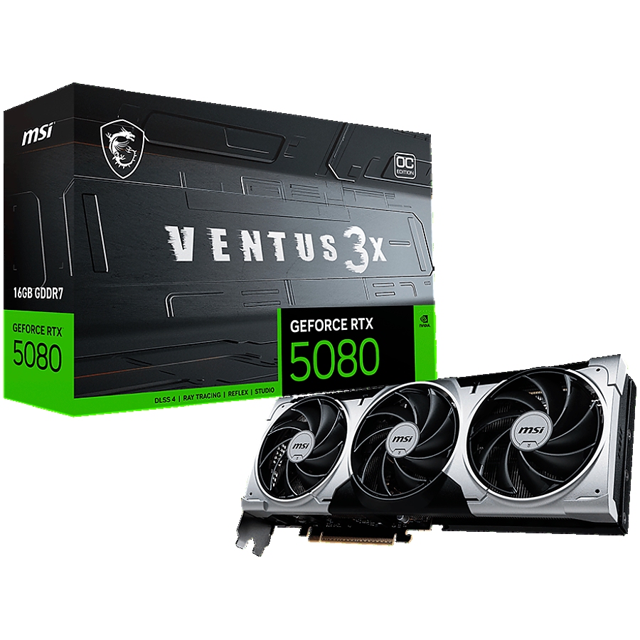 MSI Video Card Nvidia GeForce RTX 5080 16G VENTUS 3X OC PLUS, 16GB GDDR7, 256bit, Effective Memory Clock: 30000MHz, Boost: 2617 MHz, 10752 CUDA Cores, PCIe 5.0, 3x DP 2.1a, HDMI 2.1b, RAY TRACING, Triple Fan, 1x16pin, 850W Recommended PSU, 3Y