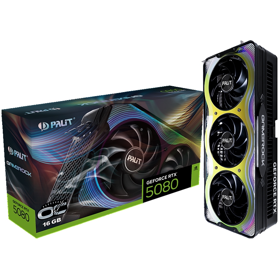 PALIT GeForce RTX 5080 GameRock OC 16GB GDDR7 256 bit, 1x HDMI 2.1b, 3x DP 2.1b, 3 Fan, 3x 8-pin pwr connector, 850W, 331.9 x 150 x 70.4 mm, NE75080T19T2-GB2030G