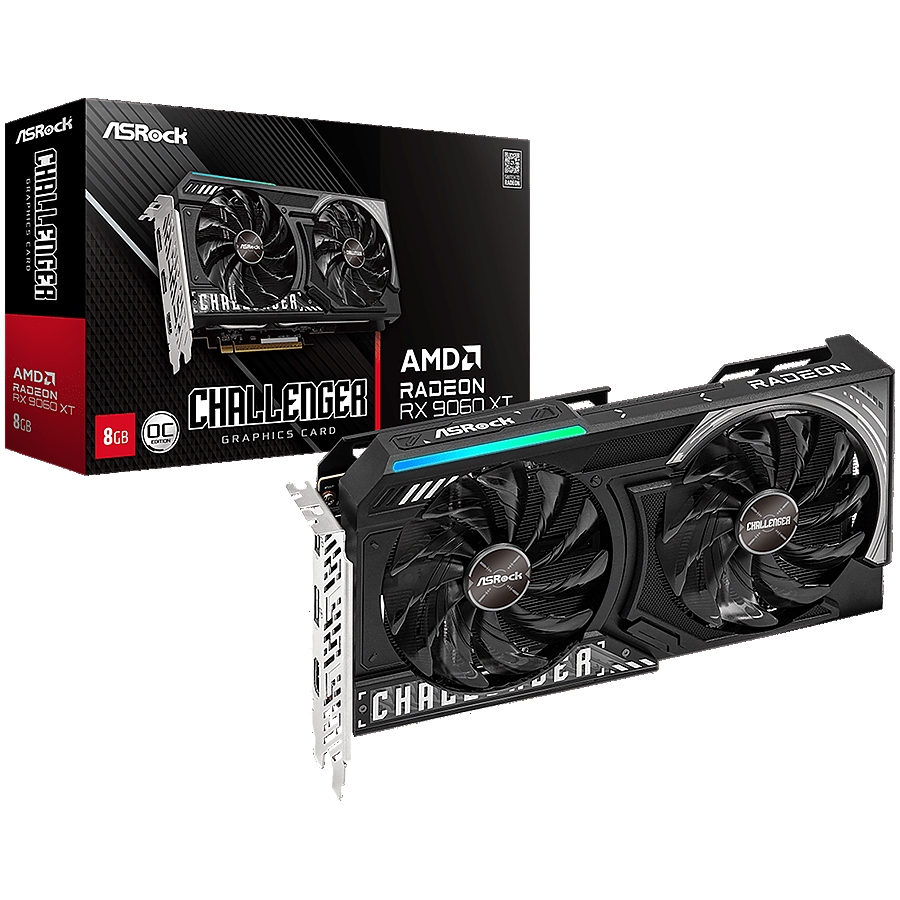 ASROCK Video Card AMD Radeon RX 9060 XT Challenger 8GB OC GDDR6, 128-bit, 2x DisplayPort 2.1a, 1x HDMI 2.1b, 249 x 132 x 41 mm, recomended PSU 550W, 1x 8-pin power connector, 90-GA5TZZ-00UANF