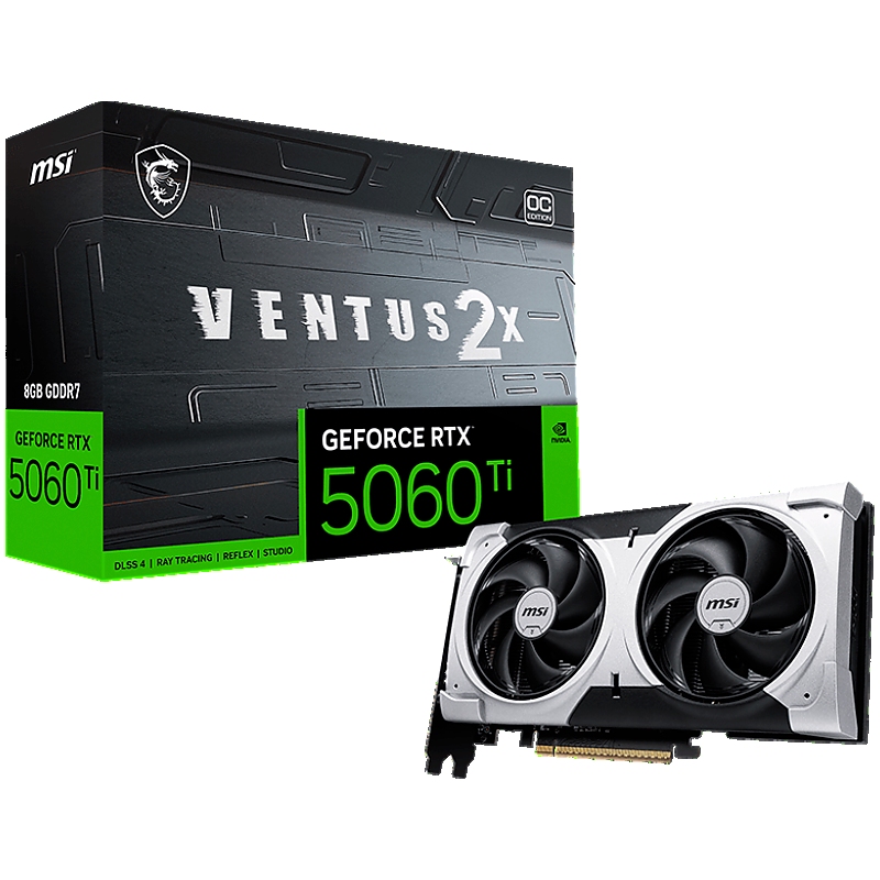 MSI Video Card NVIDIA GeForce RTX 5060 Ti 16G VENTUS 2X PLUS, 16GB GDDR7, 128-bit, 2587 MHz Boost, 4608 CUDA Cores, PCIe 5.0 (x8), 3x DP 2.1b, HDMI 2.1b, RAY TRACING, Dual Fan, 180W TDP, 8-pin PCIe Power, G-SYNC, 2-Slot, 3Y