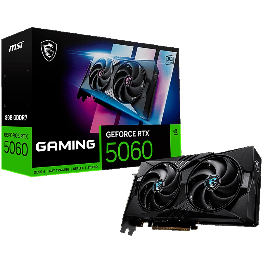 MSI Video Card NVIDIA GeForce RTX 5060 8G GAMING OC, 8GB GDDR7, 128-bit, 2640 MHz Boost, 3840 CUDA Cores, PCIe 5.0 (x8), 3x DP 2.1b, HDMI 2.1b, RAY TRACING, Dual Fan, 155W TDP, 8-pin PCIe Power, G-SYNC, 2-Slot, 3Y