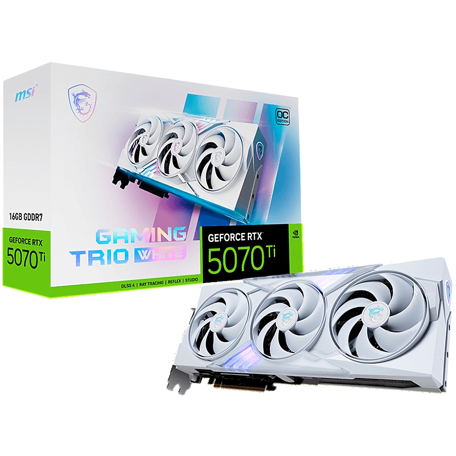 MSI Video Card Nvidia GeForce RTX 5070 TI 16G GAMING TRIO OC WHITE, 16GB GDDR7, 256bit, Effective Memory Clock: 28000MHz, Boost: 2580 MHz, 8960 CUDA Cores, PCIe 5.0, 3x DP 2.1b, HDMI 2.1b, Triple Fan, 1x16pin, 750W Recommended PSU, 3Y