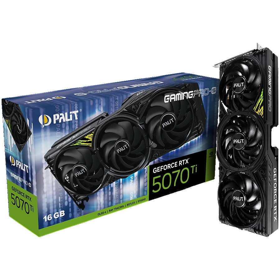 PALIT GeForce RTX 5070 Ti GamingPro-S 16GB GDDR7 256 bit, 1x HDMI 2.1b, 3x DP 2.1b, 3 Fan, 1x 16-pin pwr connector, 750W, 331.9 x 127.1 x 49.7 mm, NE7507T019T2-GB2031U