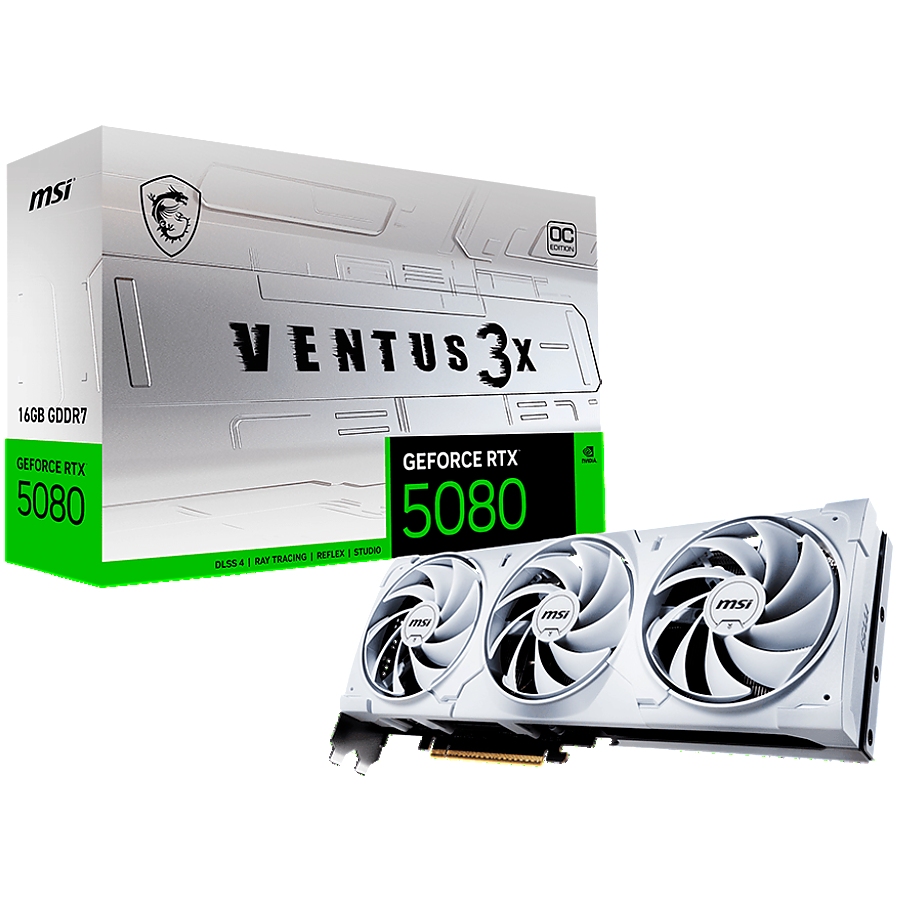 MSI Video Card Nvidia GeForce RTX 5080 16G VENTUS 3X OC WHITE, 16GB GDDR7, 256bit, Effective Memory Clock: 30000MHz, Boost: 2640 MHz, 10752 CUDA Cores, PCIe 5.0, 3x DP 2.1b, HDMI 2.1b, RAY TRACING, Triple Fan, 1x16pin, 850W Recommended PSU, 3Y