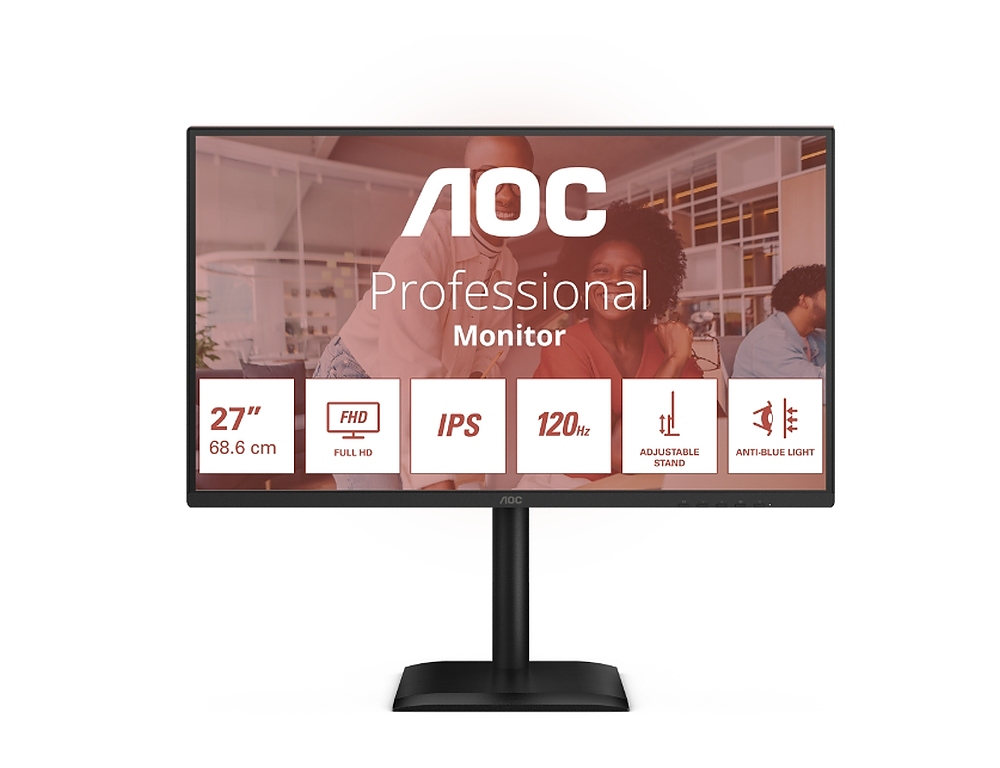 AOC 27E4U, 27" IPS WLED, 1920x1080@120Hz, 4ms GtG, 300cd m/2, 1500:1, 20M:1 DCR, Adaptive Sync, FlickerFree, Anti Blue Light, 2Wx2, Tilt, Height Adjust, Pivot, Swivel, D-SUB, HDMI, USB Hub