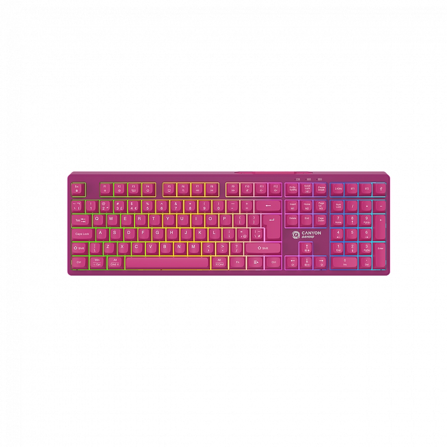 Canyon 105keys gaming keyboard,with 2.4G+ Bluetooth mode, battery 2000mAh, RGB backlight 3 types and 7 colors, size:407*119*19mm, PVC cable 1.8M , Black,weight:556+/-10g