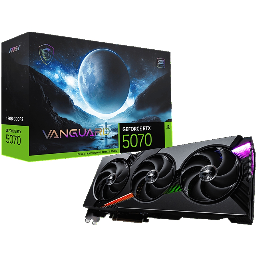 MSI Video Card Nvidia GeForce RTX 5070 12G VANGUARD SOC, 12GB GDDR7, 192bit, Effective Memory Clock: 28000MHz, Boost: 2640 MHz, 6144 CUDA Cores, PCIe 5.0, 3x DP 2.1b, HDMI 2.1b, RAY TRACING, Triple Fan, 1x16pin, 650W Recommended PSU, 3Y