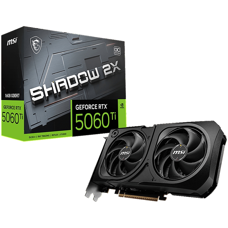 MSI Video Card NVIDIA GeForce RTX 5060 Ti 16G SHADOW 2X OC PLUS, 16GB GDDR7, 128-bit, 2602 MHz Boost, 4608 CUDA Cores, PCIe 5.0 (x8), 3x DP 2.1b, HDMI 2.1b, RAY TRACING, Dual Fan, 180W TDP, 8-pin PCIe Power, G-SYNC, 2-Slot, 3Y
