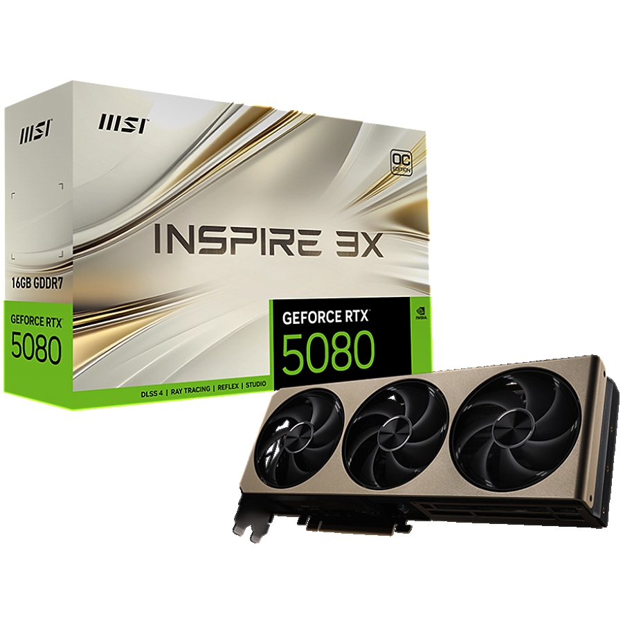 MSI Video Card Nvidia GeForce RTX 5080 16G INSPIRE 3X OC, 16GB GDDR7, 256bit, Effective Memory Clock: 30000MHz, Boost: 2640 MHz, 10752 CUDA Cores, PCIe 5.0, 3x DP 2.1b, HDMI 2.1b, RAY TRACING, Triple Fan, 1x16pin, 850W Recommended PSU, 3Y