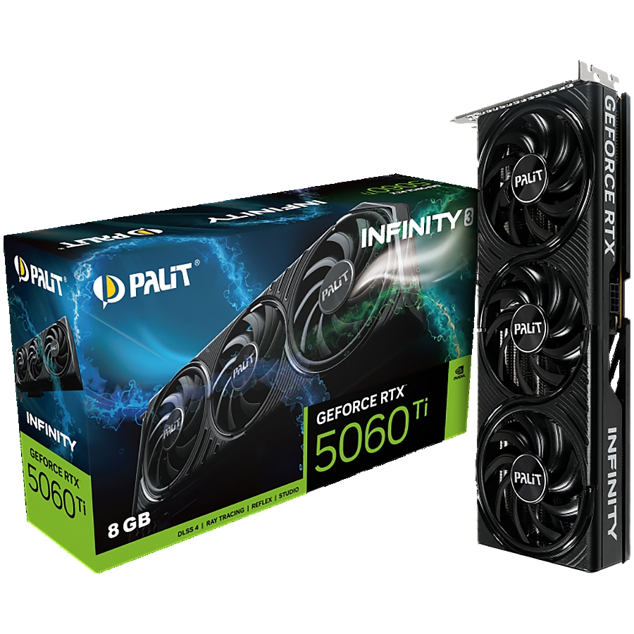 PALIT GeForce RTX 5060 Ti Infinity 3 8GB GDDR7 128 bit, 1x HDMI 2.1b, 3x DP 2.1b, 3 Fan, 1x 8-pin pwr connector, 600W, 291.9 x 116.6 x 41.3 mm, NE7506T019P1-GB2062S