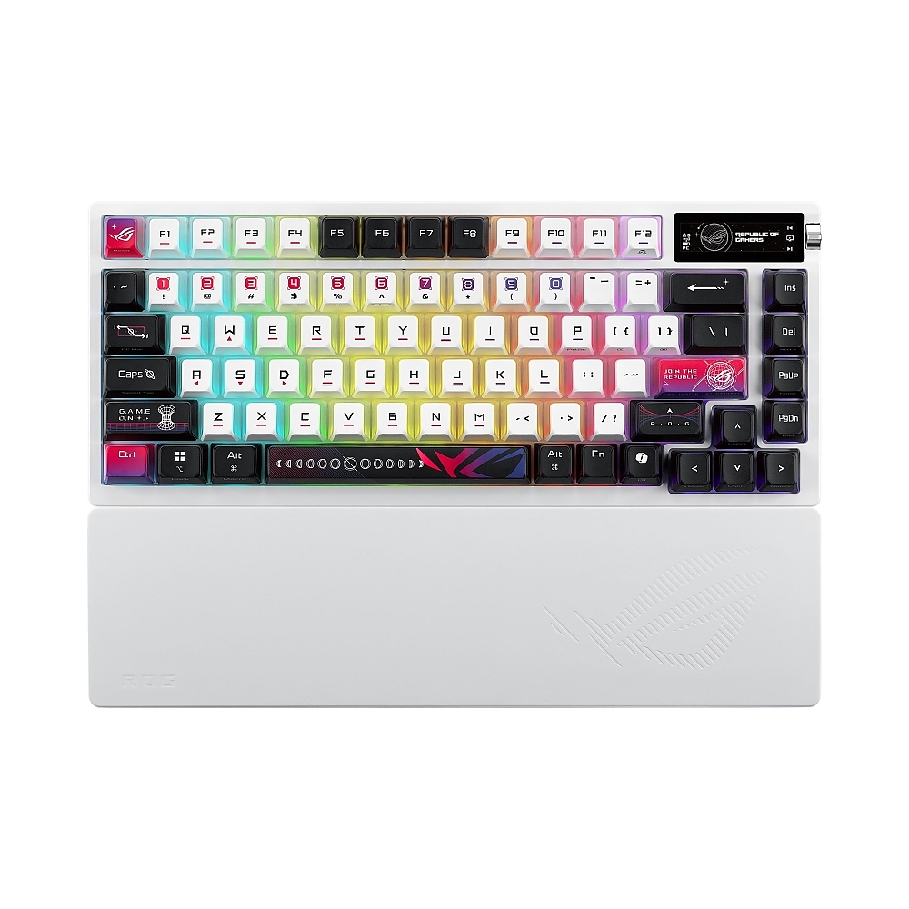 Asus ROG Azoth X 75% custom gaming keyboard, ROG NX Snow V2, dye-sub and semi-translucent keycaps, gasket mount, five-layer dampening, FR4 plate, south-facing PCB,  OLED display & knob, RGB-White