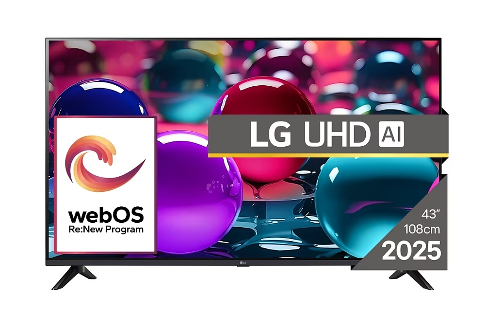 LG 43UA73003LA, 43" 4K UltraHD TV 4K (3840x2160), DVB-T2/C/S2, webOS 25 Smart, ThinQ AI, Alpha 7 AI Processor, WiFi, HDR10 pro, HLG, ALLM/HGiG, 4K Upscaling, AI Sound pro, Multiple View, HDMI eARC, LAN, USB, Bluetooth, Google Cast, 2 Pole Stand, Black