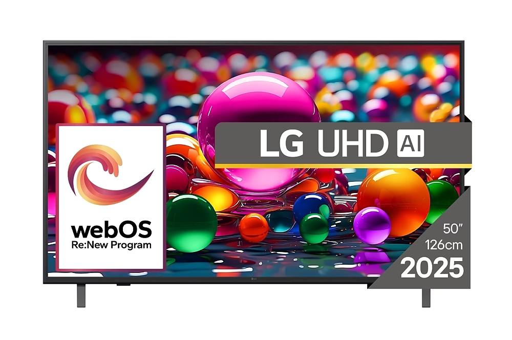 LG 50UA75003LA, 50" 4K UltraHD TV 4K (3840x2160), DVB-T2/C/S2, webOS 25 Smart, ThinQ AI, Alpha 7 AI Processor, WiFi, HDR10 pro, HLG, ALLM/HGiG, 4K Upscaling, AI Sound pro, Multiple View, HDMI eARC, LAN, USB, Bluetooth, Google Cast, 2 Pole Stand, Black