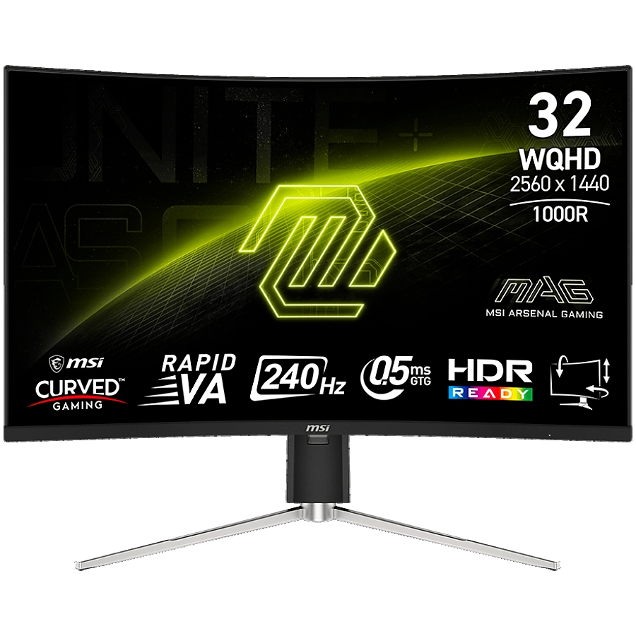 MSI MAG 325CQRXF E2 Gaming Monitor, 31.5" 240Hz, WQHD (2560x1440) 16:9, Rapid VA, 0.5ms, 300nits, 3500:1, 178/178, AMD FreeSync Premium, Adjustable Stand, 1x DP, 2x HDMI, 1x Type-C, 1x Headphone out, 3Y Warranty