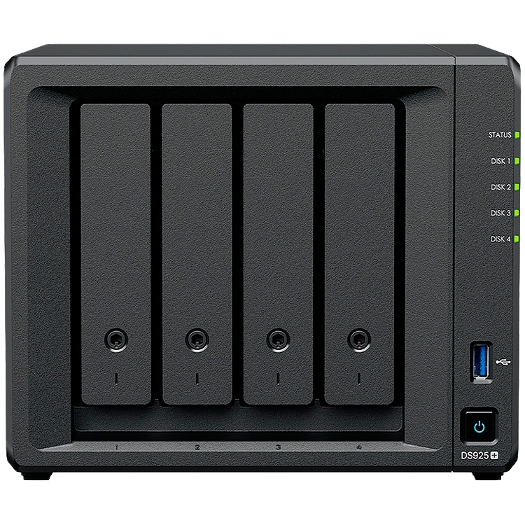 Synology DiskStation DS925+ Tower, 4-Bays 3.5'' SATA HDD/SSD, 2 x M.2 2280 NVMe SSD slot, CPU AMD Ryzen V1500B 4-core 2.2 GHz, 4 GB DDR4 ECC SODIMM, 2x RJ-45 2.5 GbE LAN Port; 2x USB 3.2; 1 xUSB Type-C expansion port; 2.26 kg; 3yr warranty
