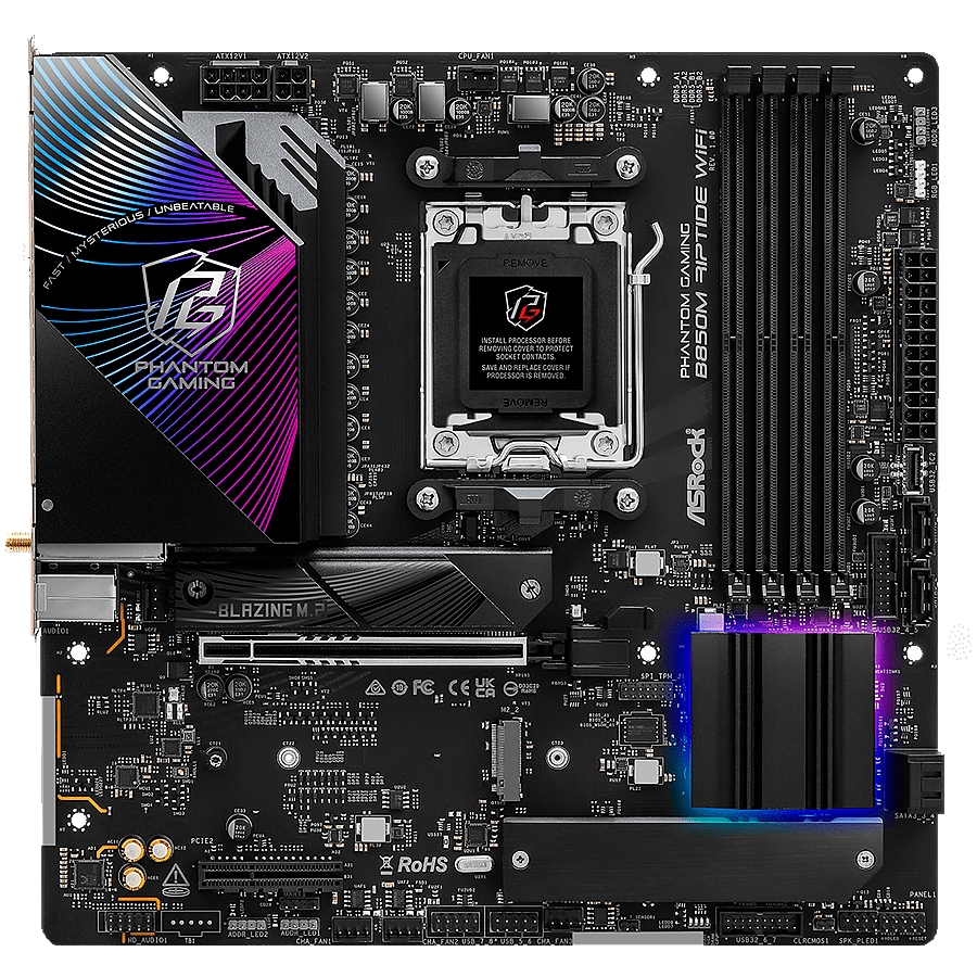 ASROCK MB Desktop B850M RIPTIDE WIFI, AM5, 4x DDR5, 1x PCIe 5.0 x16, 1x PCIe 4.0 x4, 1x Blazing M.2, 1x Hyper M.2, 1x M.2, 4x SATA3, RAID 0, 1, 10, 7.1 CH HD Audio, 1x HDMI, 1x DP, 2.5G LAN, Wi-Fi 7, 7x USB 3.2, 8x USB 2.0, 2xUSB-C, mATX
