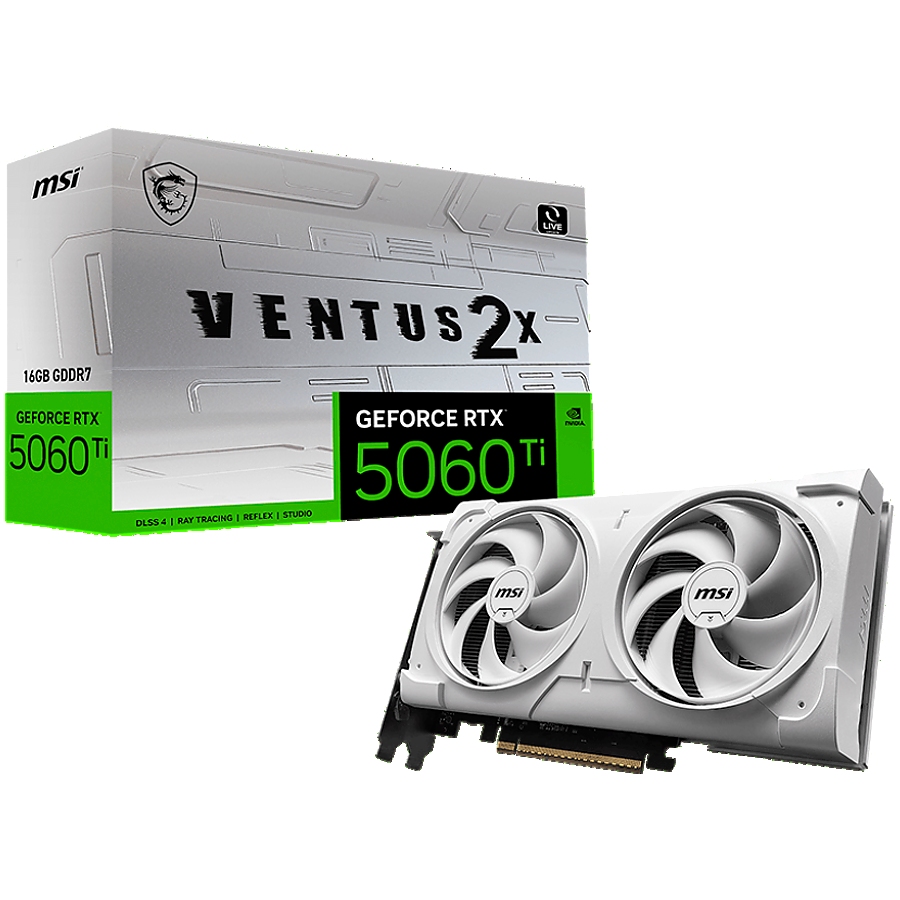 MSI Video Card NVIDIA GeForce RTX 5060 Ti 16G VENTUS 2X WHITE PLUS, 16GB GDDR7, 128-bit, 2587 MHz Boost, 4608 CUDA Cores, PCIe 5.0 (x8), 3x DP 2.1b, HDMI 2.1b, RAY TRACING, Dual Fan, 180W TDP, 8-pin PCIe Power, G-SYNC, 2-Slot, 3Y