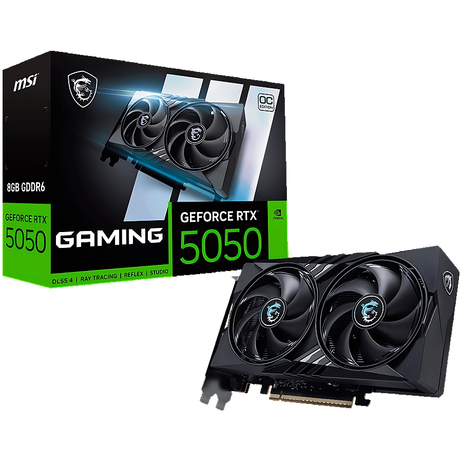 MSI Video Card NVIDIA GeForce RTX 5050 8G GAMING OC, 8GB GDDR6, 128-bit, 2647 MHz Boost, 2560 CUDA Cores, PCIe 5.0 (x8), 3x DP 2.1b, HDMI 2.1b, RAY TRACING, Dual Fan, 130W TDP, 8-pin PCIe Power, G-SYNC, 2-Slot, 3Y