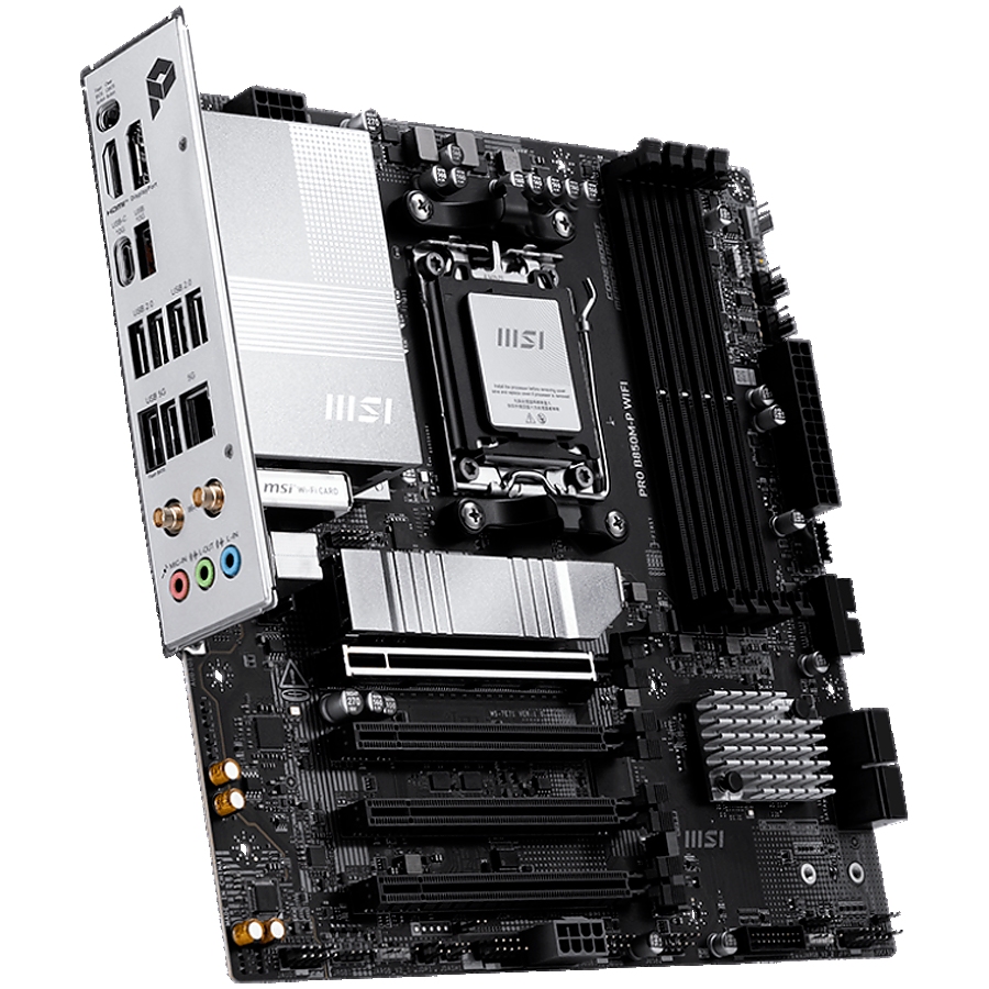 MSI PRO B850M-P WIFI, mATX, Socket AM5, 4x DDR5 Dual Channel DDR5 up to 8200(OC)MHz, 4x PCIe x16 slot, 3x M.2 slot, 4x USB 2.0, 2x USB 5Gbps, 1x USB 10Gbps, 1x USB 10Gbps Type-C, DP, 7.1 HD Audio, 5G LAN, WiFI 7, BT, 3Y