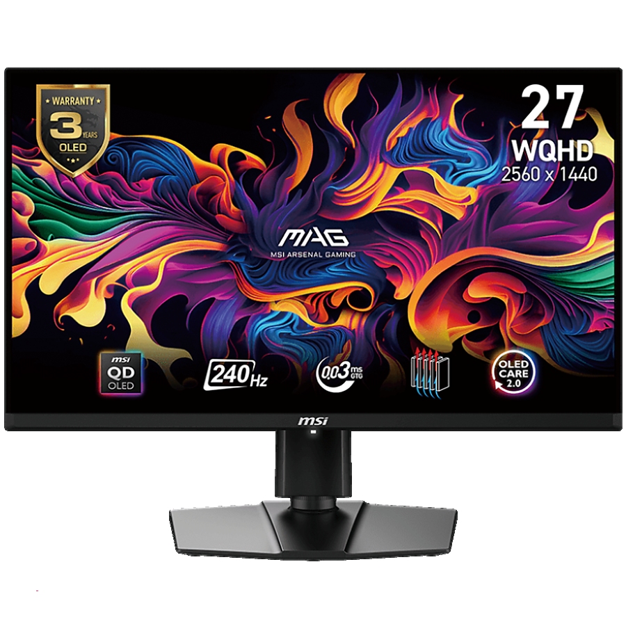 MSI MAG 271QPX QD-OLED E2 Gaming Monitor, 27" 240Hz, UHD (2560x1440) 16:9, QD-OLED, 0.03ms, 250nits, 1500000:1, 178/178, AMD FreeSync Premium, Adjustable Stand, 1x DP, 2x HDMI, 1x Type-C, 1x Headphone out, 3Y Warranty