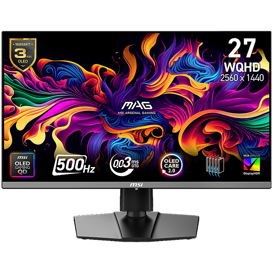 MSI MAG 272QP QD-OLED X50 Gaming Monitor, 26.5" 500Hz, WQHD (2560x1440) 16:9, QD-OLED, 0.03ms, 300nits, 1500000:1, 178/178, AMD FreeSync Premium Pro, Adjustable Stand, 1x DP, 2x HDMI, 1x Type-C, 1x Headphone out, 3Y Warranty