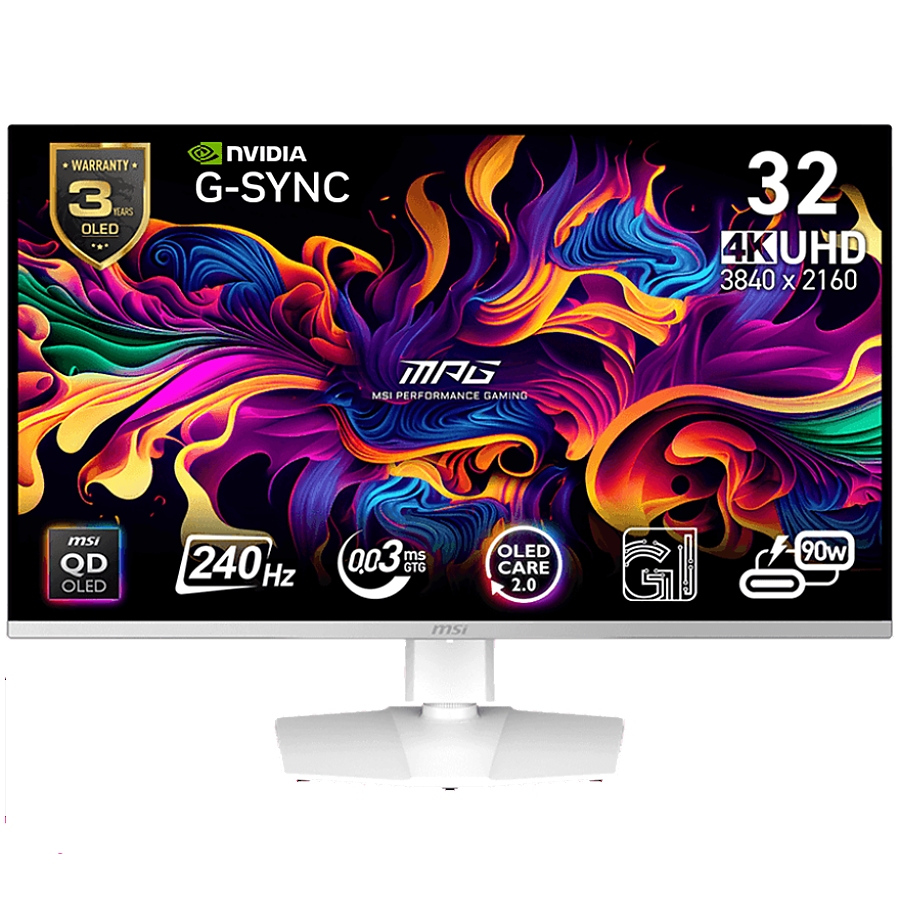 MSI MPG 321URXW QD-OLED Gaming Monitor, 31.5" 240Hz, UHD (3840x2160) 16:9, QD-OLED, 0.03ms, 250nits, 1500000:1, 178/178, G-Sync Compatible, Adjustable Stand, 1x DP, 2x HDMI, 1x Type-C, 1x Headphone out, USB Hub, White, 3Y Warranty