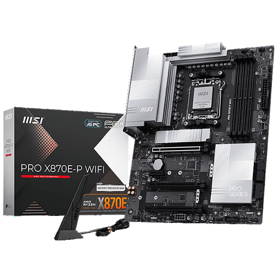MSI PRO X870E-P WIFI, ATX, Socket AM5, 4x DDR5 Dual Channel DDR5 up to 8200(OC)MHz, 3x PCIe x16 slot, 3x M.2 slot, 4x USB 2.0, 2x USB 5Gbps, 2x USB 10Gbps, 1x 20Gbps Type-C, 1x 40Gbps Type-C, HDMI, 7.1 HD Audio, 5G LAN, WiFI 7, BT, 3Y