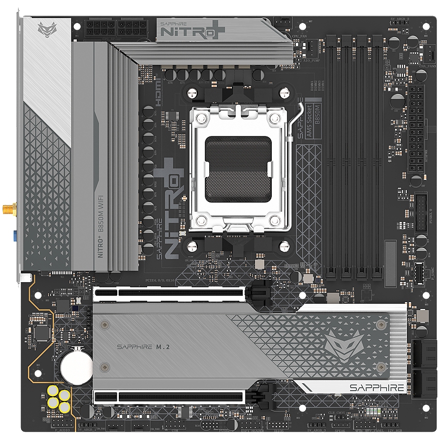 SAPPHIRE AMD B850M AM5 NITRO+ Ryzen R9/R7/R5, 4x DDR5 8000MHz, PCIE 5, 1x M.2 Gen5, 1x M.2 Gen4, LAN 2.5 Gbps, WIFI6, USB, MATX