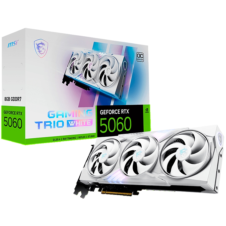 MSI Video Card NVIDIA GeForce RTX 5060 8G GAMING TRIO OC WHITE, 8GB GDDR7, 128-bit, 2640 MHz Boost, 3840 CUDA Cores, PCIe 5.0 (x8), 3x DP 2.1b, HDMI 2.1b, RAY TRACING, Triple Fan, 155W TDP, 8-pin PCIe Power, G-SYNC, 3Y