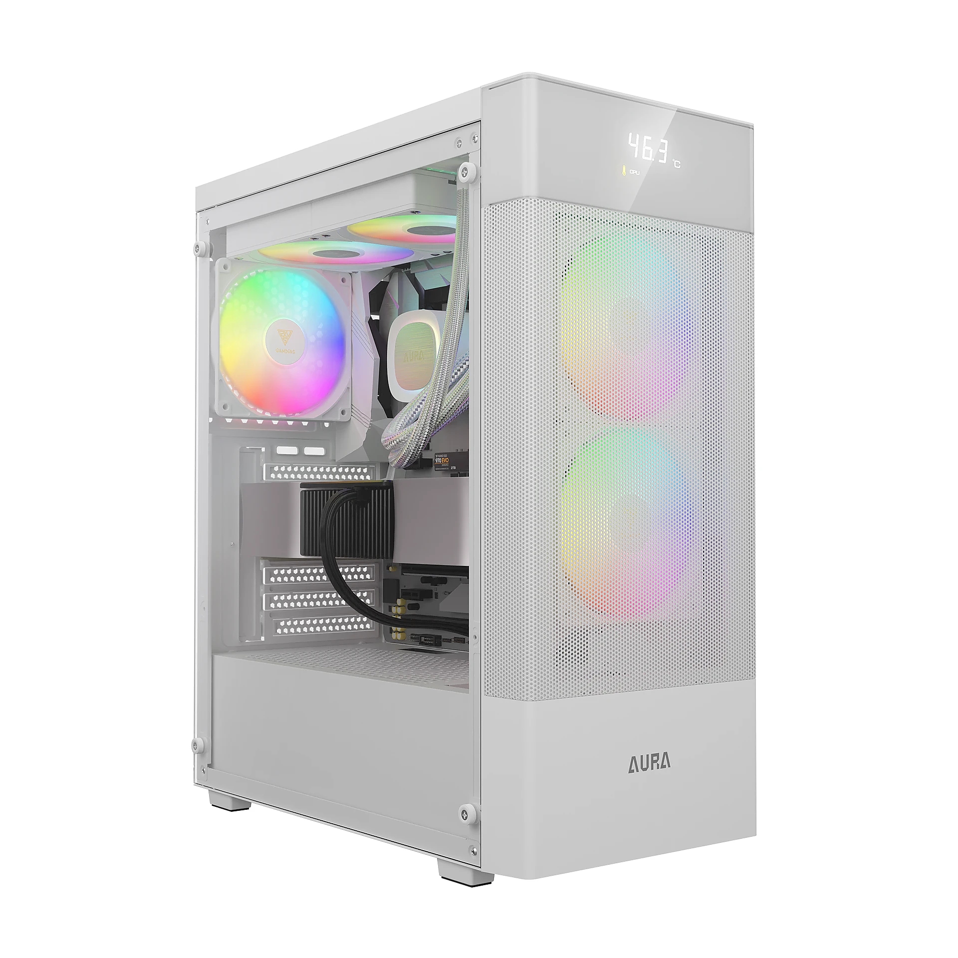 Gamdias кутия Case ATX - AURA GC5 ELITE ARGB WH - Addressable RGB, Mesh, Digital Display
