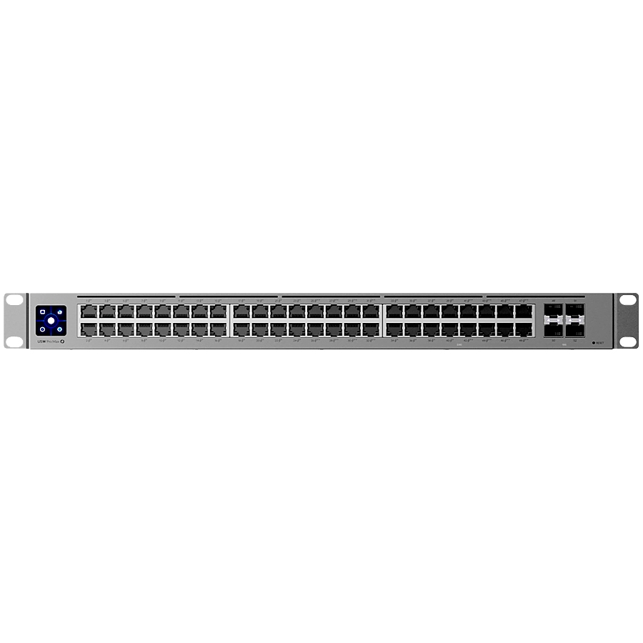 Ubiquiti 48-port, Layer 3 switch 2.5 GbE and PoE++ output, 16x 2.5 GbE ports including (8) PoE+ and (8) PoE++, 32x GbE ports including (24) PoE+ and (8) PoE++, 4x 10G SFP+ ports. Can power devices with up to 720W, it has power consumption of 100W (Excludi