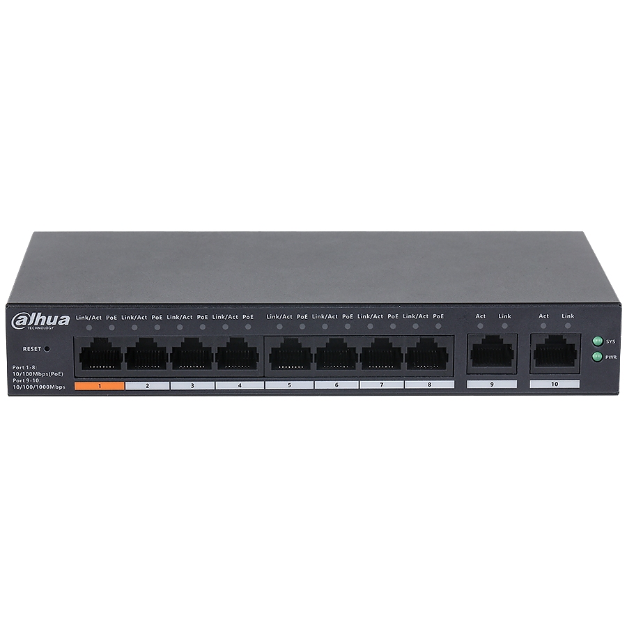 Dahua 10-Port Cloud Managed Desktop PoE Switch, 8x PoE 100 Mbps, Port 1 - 60W, Port 2-8 - 30W, total 60W, 2x uplink 1 Gbps.